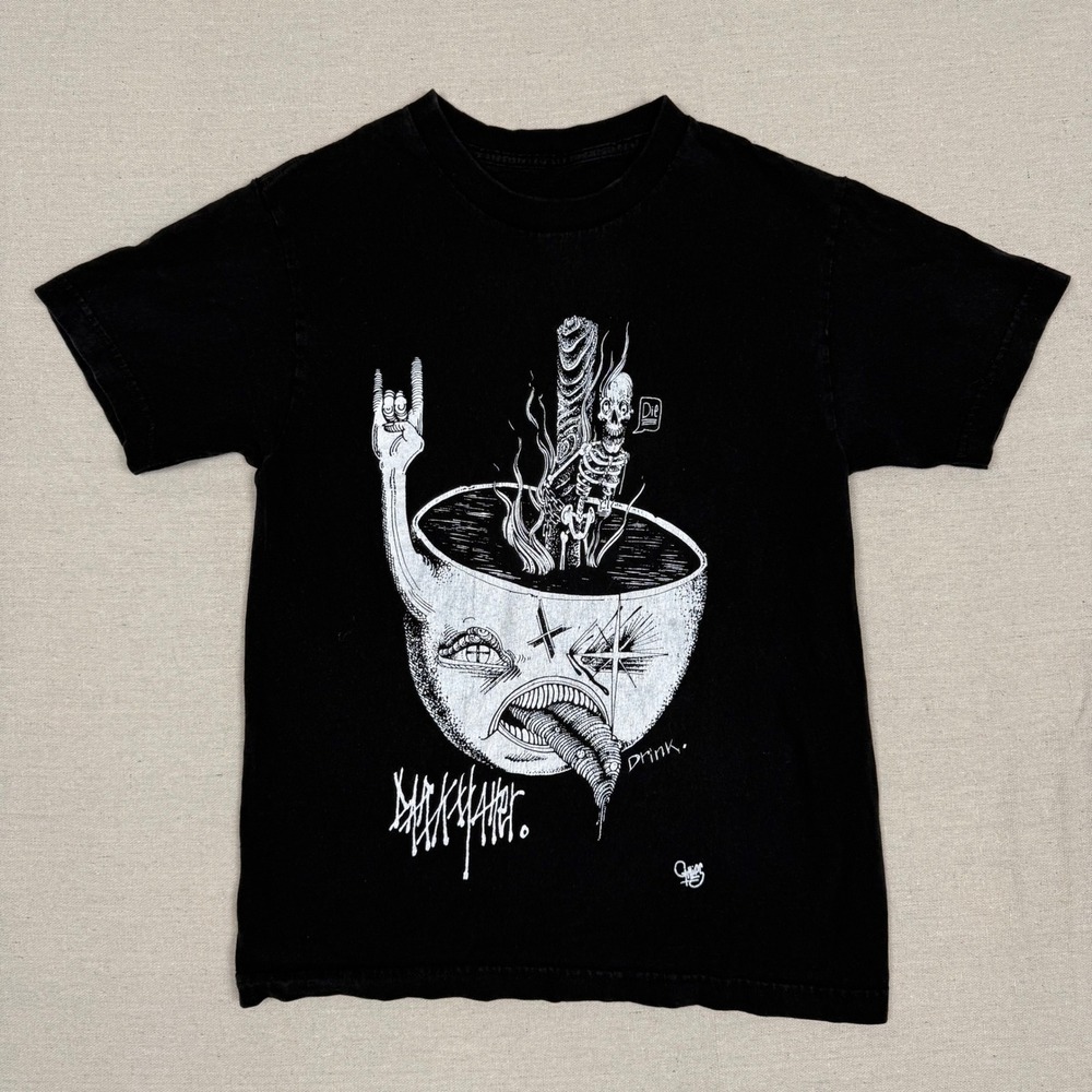 Black Matter Graphic Tee S 17.5x24.5 Skeleton Bowl Drink Black Goth Punk Edgy